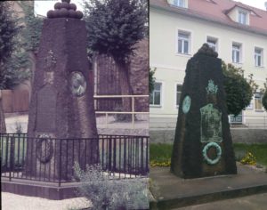 Das König-Albert-Denkmal vor der Hauptkirche zur Erinnerung an die gefallenen der Feldzüge 1866 und 1870/71. Links: ca. 1966, rechts: 2013.