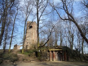 Die künstliche Ruine einer Ritterburg wurde um 1795/96 nach Entwürfen des Architekten Ephraim Wolfgang Glasewalds gebaut. Man kann das Gebäude nur durch den vorgelagerten Eingang (rechts im Bild) erreichen. Der daran anschließende Gang ist 36 m lang.